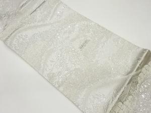 プラチナ銀箔二重織山並に草木・寺院・格子模様織出し袋帯